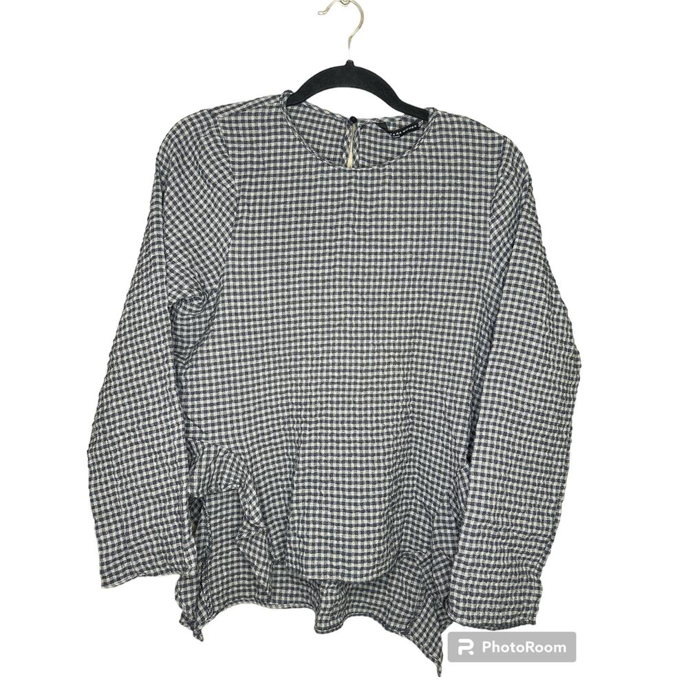 Zara Gingham Long Sleeve Grey Black Gingham Print Ruffle Hi Lo Blouse Size XS